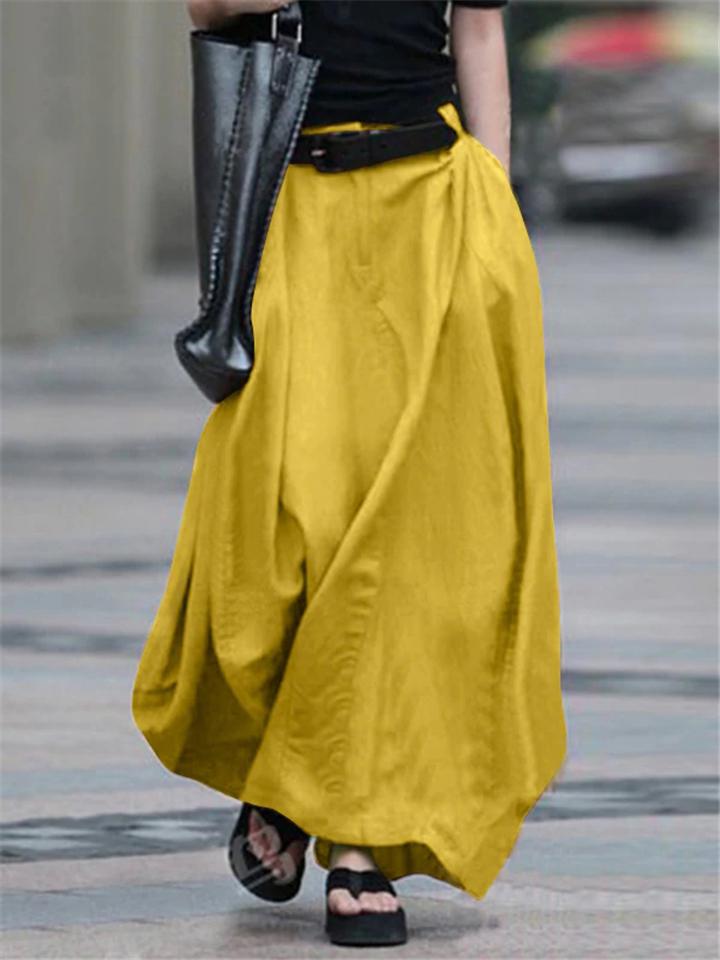 Retro Style Elastic Waist Button Zipper Pocket Flare Maxi Skirt