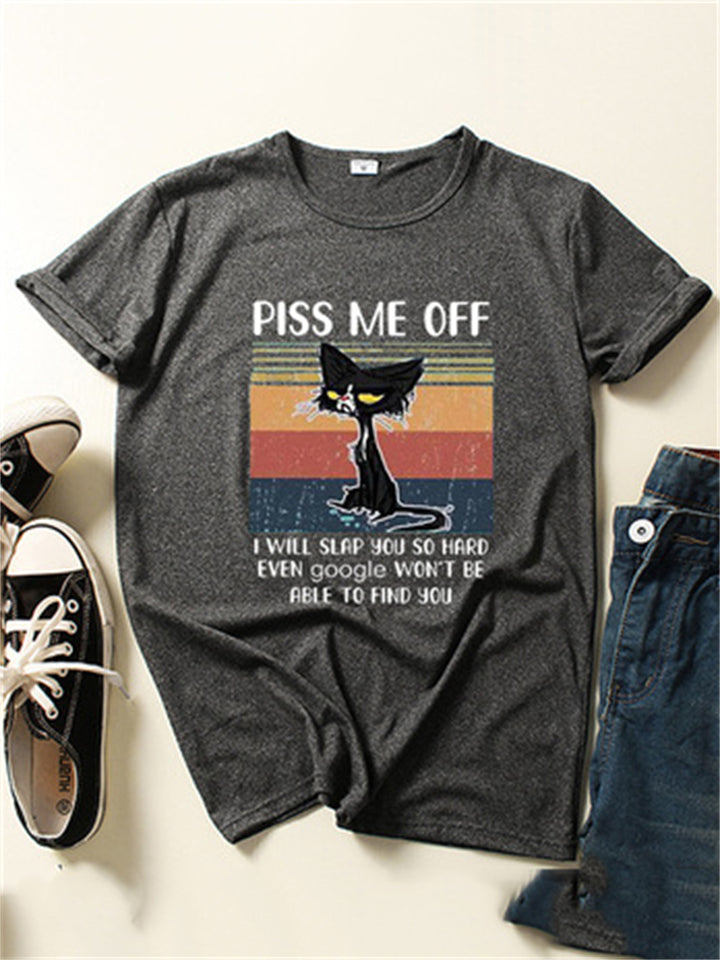 Black Cat Print Short Sleeve Loose Casual Round Neck T-Shirt