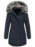 Comfortable Zipper Button Pocket Fur Collar Hooded Padded Coat