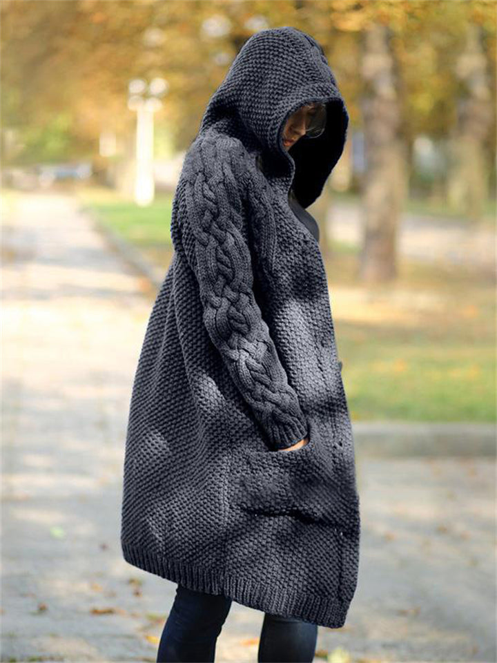 Women's Warm Buttoned Hooded Long Sweater Cardigan