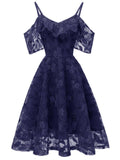 1950S Sexy Lace Cold Shoulder Ruffle Swing Dress