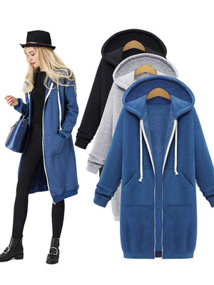 Comfortable Full Zipper Pocket Drawstring Hooded Midi Coat