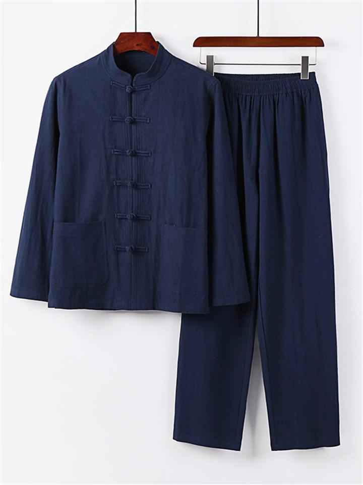 Retro Style Linen 2-Piece Outfit Button Collar Shirt + Full-Length Elastic Waistband Pants