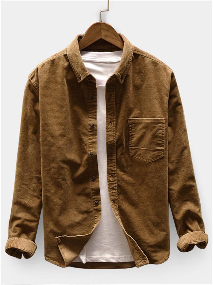 Mens Vintage Corduroy Solid Color Comfy Shirts With Pocket