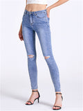 Women's Simple Style Daily Slim Fit Ripped Blue Jeans