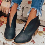 Retro Style Front Slit Design Chunky Heel Pointed Toe Slip-On Booties