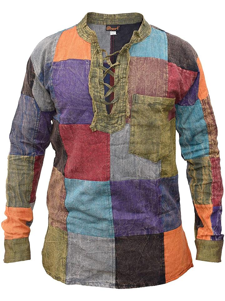 Men's Pullover Style Multicolor Patchwork Stand Collar Fashion Shirt