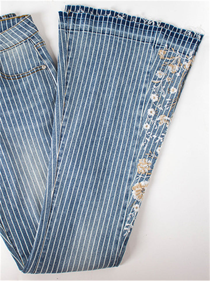 Women's Fashion 3D White Floral Embroidery Bell Bottom Striped Jeans