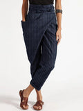 Vertical Striped High Waist Belts Harem Pants With Pocket