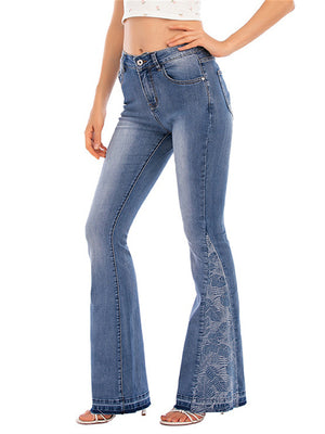 Women's Vintage Style Bell Bottom Floral Embroidery Casual Jeans