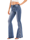 Women's Vintage Style Bell Bottom Floral Embroidery Casual Jeans