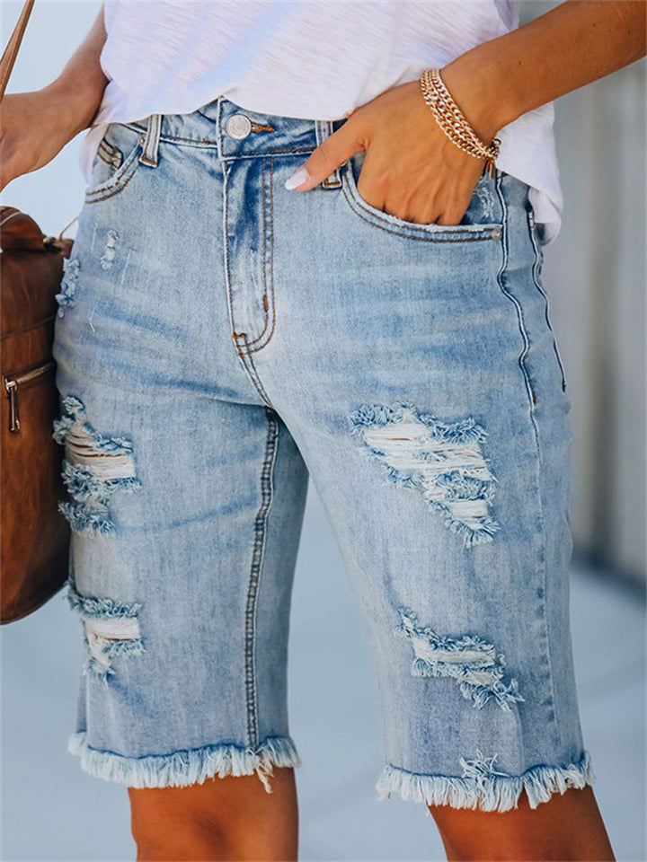 Trendy Solid Color Ripped Short Denim Pants