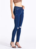 Simple Style Daily Slim Fit Ripped Dark Blue Jeans for Women