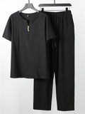 Laid-Back Style Notched Neck Button Detailing Soft Cotton Set T-Shirt + Drawstring Pants