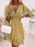 Bohemian Floral Print V Neck Puff Sleeve Trendy Dress for Sweet Lady