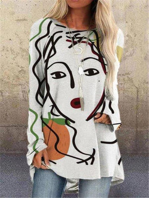 Oversized Round Neck Long Sleeve Face Printed Pullover Tops