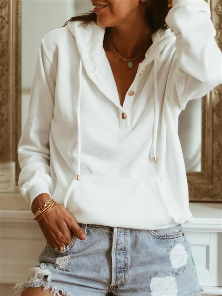 Trendy Chic Button Drawstring Hoodies for Lady