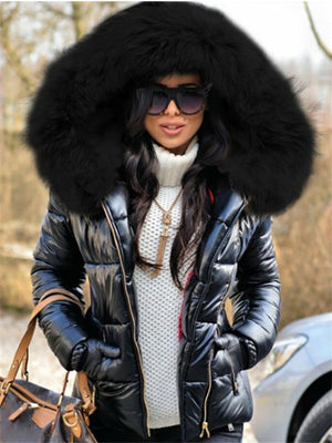 Women Fashion Fur Collar Black Puffer Coat With Hood