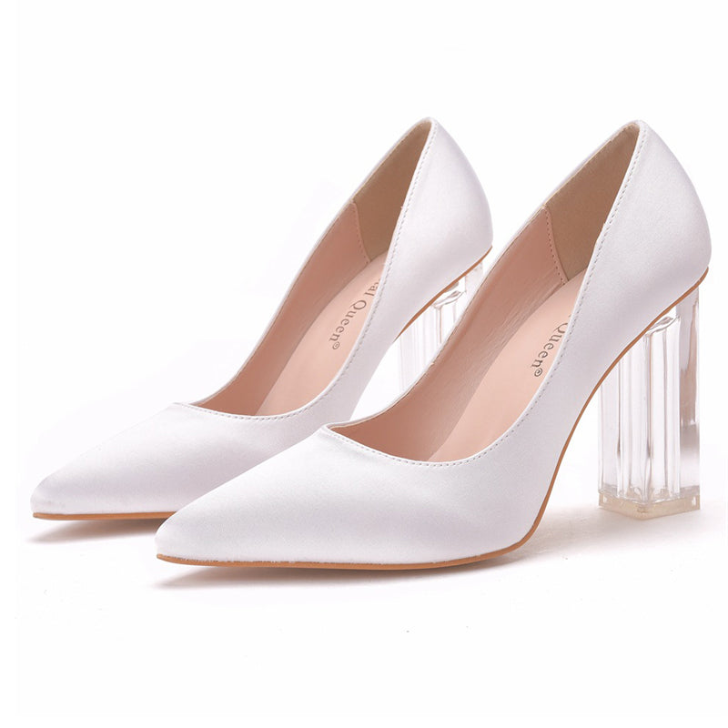Luxury Satin Silk Pointed Toe Clear Heels Female Wedding Pumps