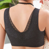 Wireless Rose Lace Front Zip Soft Cotton Lining Sleep Bras - Black