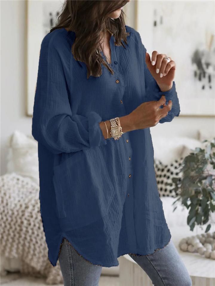Baggy V Neck Solid Color Button Up Long Sleeve Midi Length Blouse