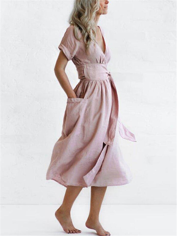 Cotton Linen Waist-Tie Pocket Dress
