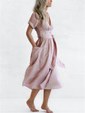 Cotton Linen Waist-Tie Pocket Dress
