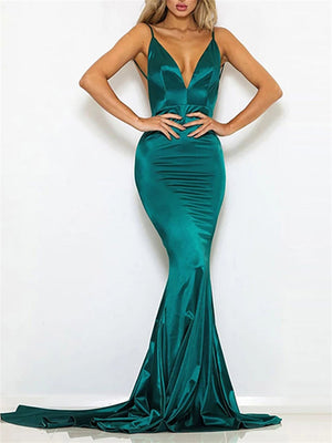 New Elegant Sexy Backless Satin Strappy Deep V Neck Floor Length Evening Dresses