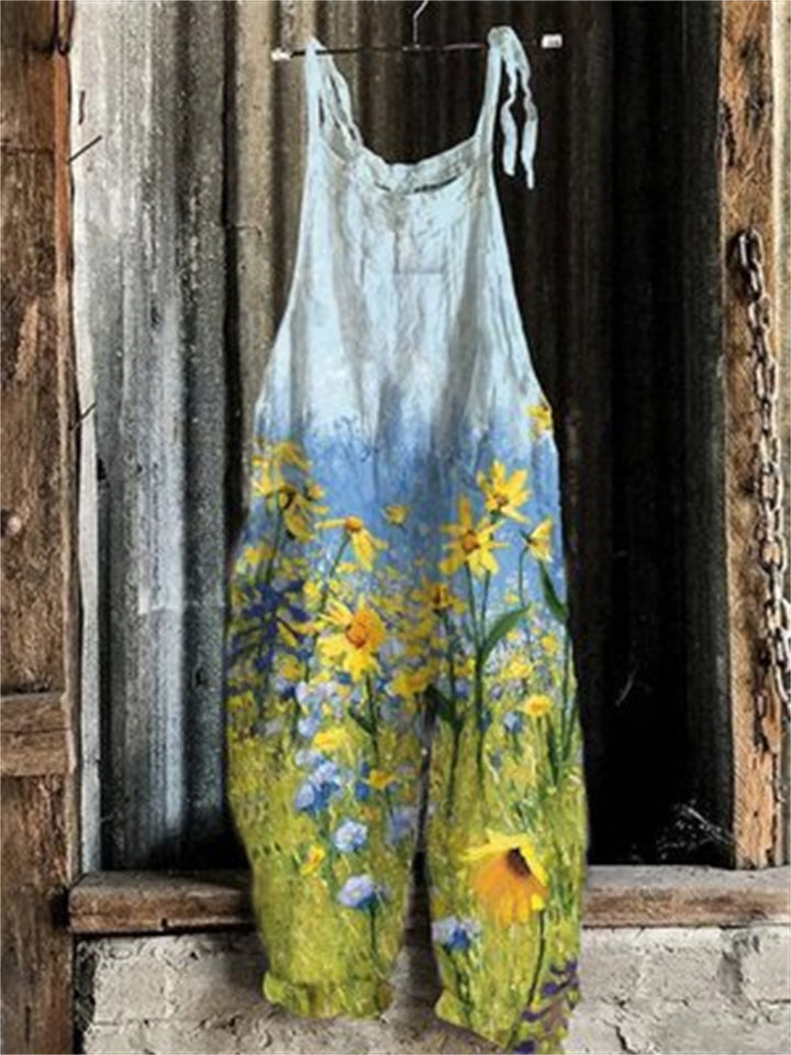 Square Neck All-Over Floral Print Sleeveless Sunflower Floral Overalls