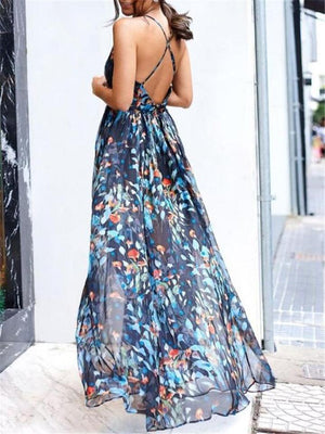 Flowing Floral Printed Fitted Waist Backless A Line Dress for Prom