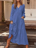 Retro Cotton Linen Long Sleeve Empire Waist Maxi Dress