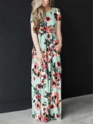 Pretty Round Neck Floral Short Sleeve Fitted Waist Maxi Dress