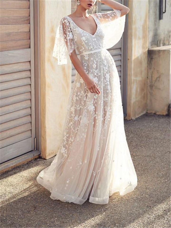 Flowing Floral Applique Cap Sleeve Backless Dress for Wedding