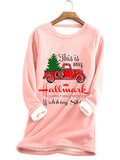 Warm Thick Faux Fleece Lining Christmas Car Print Sweatshirt