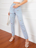 Campus Style Lovely Small Floral Embroidery Slim Fit Light Blue Denim Jeans for Women