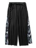 Linen Cotton Elastic Waistband Drawstring Pleated Detailing Crane Print Full Length Pants