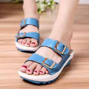 Women's Genuine Leather Peep Toe Soft Platform Beach Slippers