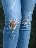 Women's Sweet Style White Pearl Slim Fit Ripped Blue Jeans