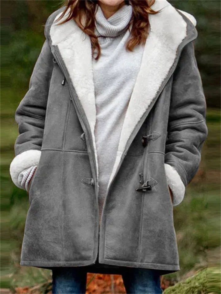 Women's Cozy Fur Lining Hooded Coat with Horn Toggles
