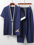 Soft Linen Comfy 2-Piece Outfit Embroidery Shirts + Drawstring Pocket Cropped Pants