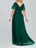 Women V-Neck Chiffon Short Sleeve Ruffle Evening Dress