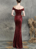 Gorgeous Off the Shoulder High Slit Sequin Evening Gown Dress