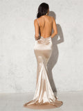 New Elegant Sexy Backless Satin Strappy Deep V Neck Floor Length Evening Dresses