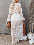 Women's V-Neck Solid Color Long Sleeve Lace Dress