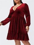 Ladies Sexy Oversized V Neck Long Sleeve Velvet Dress