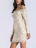 Gorgeous Off Shoulder Long Sleeve Floral Applique Thigh-Length Bodycon Party Dress