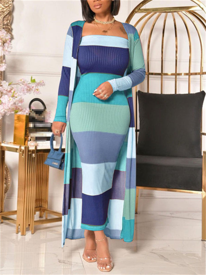 Ankle-Length Striped Design Contrasting Color Two Piece Outfits