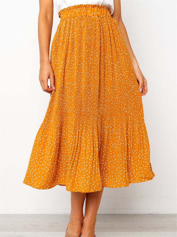 New Elegant Dots Floral Printed Side Pockets Pleated Elastic High Waist Skirts