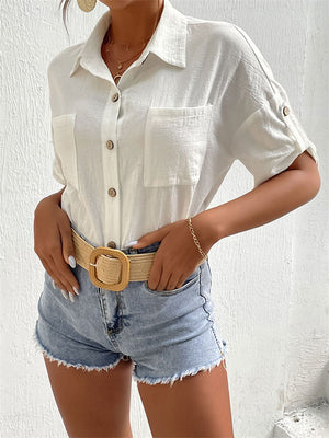 Women‘s Comfortable Half Sleeve Pocket Lapel Cotton Blend Shirts