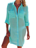 Semi-Sheer Side Slit Curved Hem Chest Pocket Classic Collar Thigh-Length Beach Blouse
